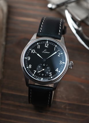 Laco Bremerhaven 39 hand-wound navy watch with black dial, small seconds and black leather strap