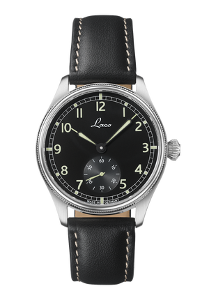 Laco Bremerhaven 39 hand-wound navy watch with black dial, small seconds and black leather strap