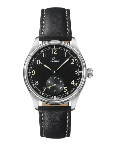 Laco Bremerhaven 39 hand-wound navy watch with black dial, small seconds and black leather strap