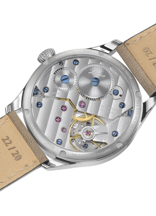 Caseback of Laco Bremerhaven 42.5 Hand-Wound Navy Watch with matte black dial, subsidiary seconds and black calf leather strap