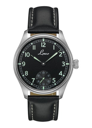 Laco Bremerhaven 42.5 Hand-Wound Navy Watch with matte black dial, subsidiary seconds and black calf leather strap