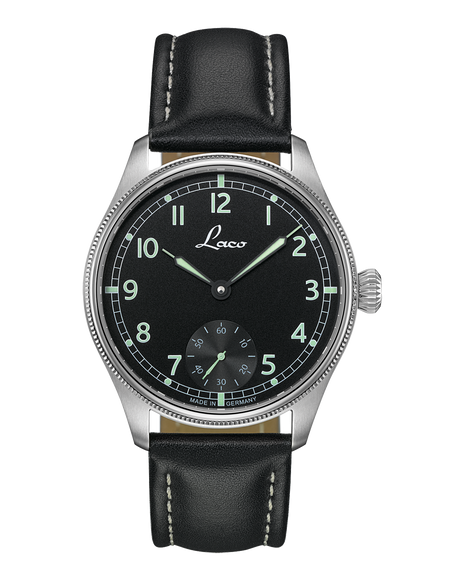 Laco Bremerhaven 42.5 Hand-Wound Navy Watch with matte black dial, subsidiary seconds and black calf leather strap