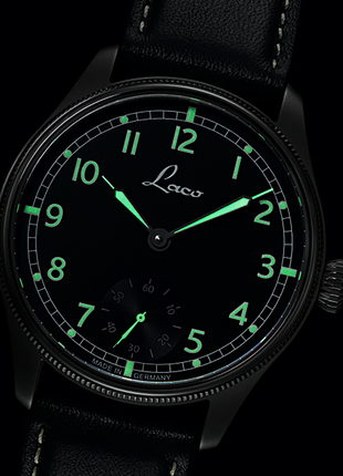 Lume shot of Laco Bremerhaven 42.5 Hand-Wound Navy Watch with matte black dial, subsidiary seconds and black calf leather strap