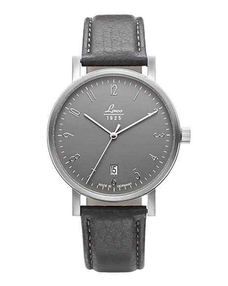 Laco Chemnitz 40 Automatic Watch with grey Bauhaus-inspired dial and grey calf leather strap