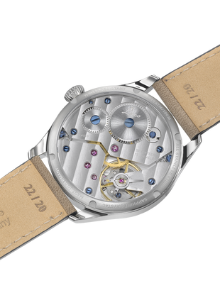 Caseback of Laco Cuxhaven 42.5 Hand-Wound Navy Watch with white enamel-look dial, small seconds and light-coloured leather strap