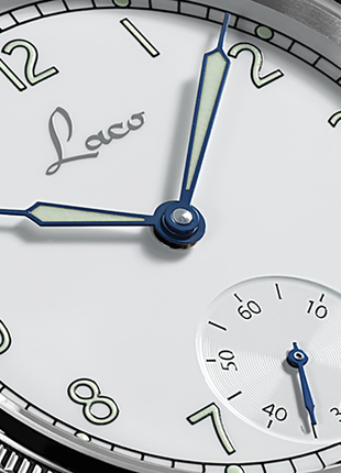 Dial details of Laco Cuxhaven 42.5 Hand-Wound Navy Watch with white enamel-look dial, small seconds and light-coloured leather strap