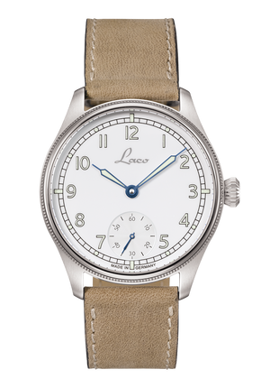 Laco Cuxhaven 42.5 Hand-Wound Navy Watch with white enamel-look dial, small seconds and light-coloured leather strap