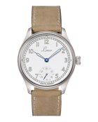 Laco Cuxhaven 42.5 Hand-Wound Navy Watch with white enamel-look dial, small seconds and light-coloured leather strap