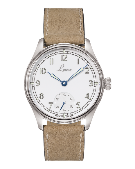 Laco Cuxhaven 42.5 Hand-Wound Navy Watch with white enamel-look dial, small seconds and light-coloured leather strap