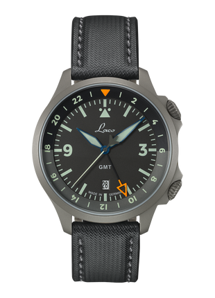 Laco Frankfurt 43 GMT Schwarz 43mm automatic pilot watch with black dial and orange GMT hand