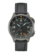 Laco Frankfurt 43 GMT Schwarz 43mm automatic pilot watch with black dial and orange GMT hand