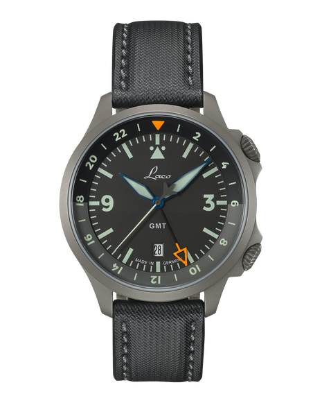 Laco Frankfurt 43 GMT Schwarz 43mm automatic pilot watch with black dial and orange GMT hand