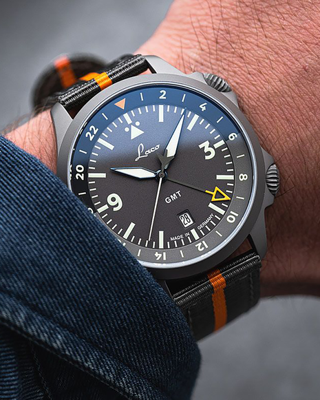 Laco Frankfurt 43 GMT Schwarz 43mm automatic GMT pilot watch worn on the wrist