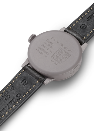 Caseback of Laco Heidelberg 39 Automatic Original Pilot Watch with Baumuster A dial, sandblasted stainless steel case and brown riveted leather strap