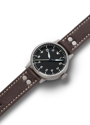 Laco Heidelberg 39 Automatic Original Pilot Watch with Baumuster A dial, sandblasted stainless steel case and brown riveted leather strap