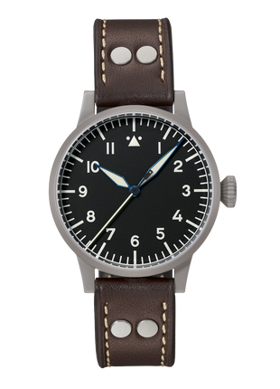 Laco Heidelberg 39 Automatic Original Pilot Watch with Baumuster A dial, sandblasted stainless steel case and brown riveted leather strap