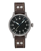 Laco Heidelberg 39 Automatic Original Pilot Watch with Baumuster A dial, sandblasted stainless steel case and brown riveted leather strap