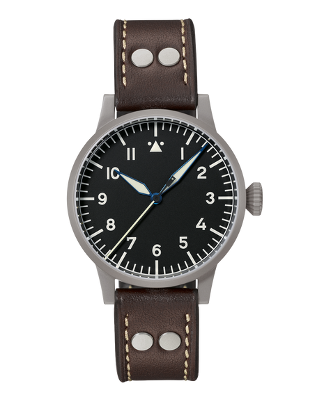 Laco Heidelberg 39 Automatic Original Pilot Watch with Baumuster A dial, sandblasted stainless steel case and brown riveted leather strap