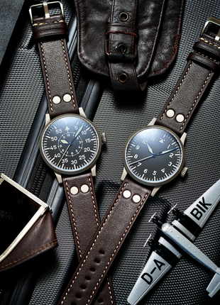 Lifestyle shot of Laco Heidelberg 39 Automatic Original Pilot Watch with Baumuster A dial, sandblasted stainless steel case and brown riveted leather strap