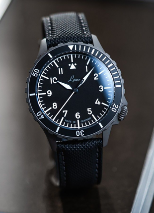 Laco Köln Grau 41mm automatic pilot watch with matte black dial and dark sandblasted steel case