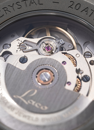 Laco Köln Grau sapphire display caseback showing the automatic movement