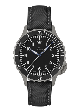 Laco Köln Grau 41mm automatic pilot watch with matte black dial and dark sandblasted steel case