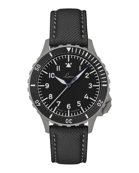 Laco Köln Grau 41mm automatic pilot watch with matte black dial and dark sandblasted steel case