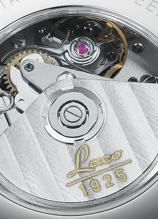 Caseback of Laco New York Automatic Chronograph with silver dial, rose gold-coloured numerals and brown leather strap