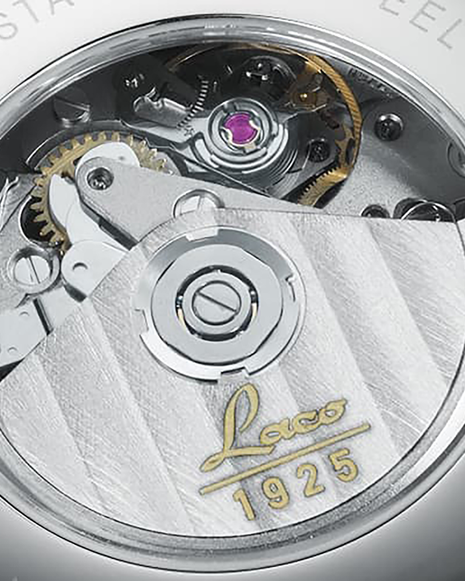 Caseback of Laco New York Automatic Chronograph with silver dial, rose gold-coloured numerals and brown leather strap
