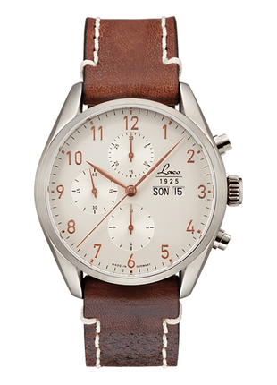 Laco New York Automatic Chronograph with silver dial, rose gold-coloured numerals and brown leather strap
