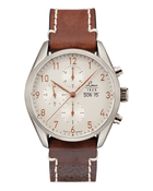 Laco New York Automatic Chronograph with silver dial, rose gold-coloured numerals and brown leather strap