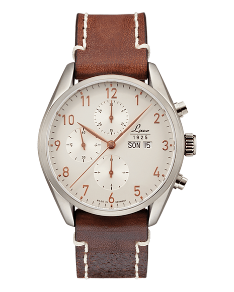 Laco New York Automatic Chronograph with silver dial, rose gold-coloured numerals and brown leather strap