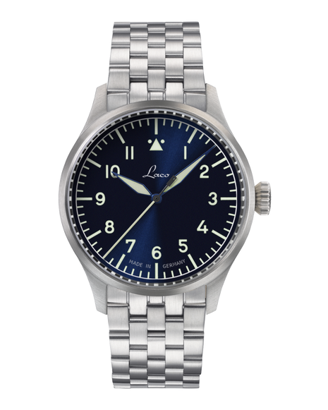 Laco Stuttgart PRO 1162 37mm automatic pilot watch with blue Type A dial and steel bracelet