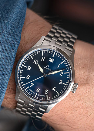 Laco Stuttgart PRO 1162 37mm blue automatic pilot watch worn on the wrist
