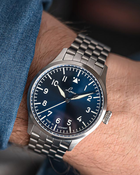 Laco Stuttgart PRO 1162 37mm blue automatic pilot watch worn on the wrist