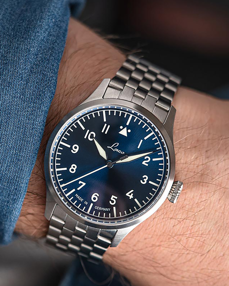 Laco Stuttgart PRO 1162 37mm blue automatic pilot watch worn on the wrist