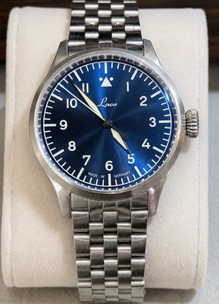 Laco Stuttgart PRO 1162 37mm automatic pilot watch with blue Type A dial and steel bracelet