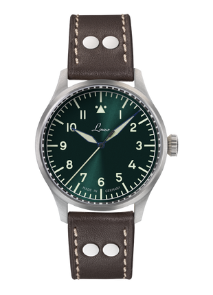 Laco Stuttgart PRO 1208 37mm automatic pilot watch with green Type A dial and brown riveted leather strap