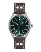 Laco Stuttgart PRO 1208 37mm automatic pilot watch with green Type A dial and brown riveted leather strap