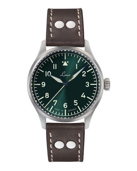 Laco Stuttgart PRO 1208 37mm automatic pilot watch with green Type A dial and brown riveted leather strap