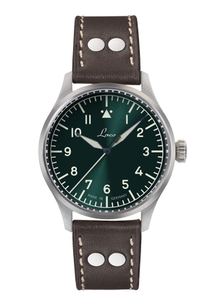 Laco Stuttgart PRO 1209 40mm automatic pilot watch with green Type A dial and brown riveted leather strap
