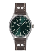 Laco Stuttgart PRO 1209 40mm automatic pilot watch with green Type A dial and brown riveted leather strap