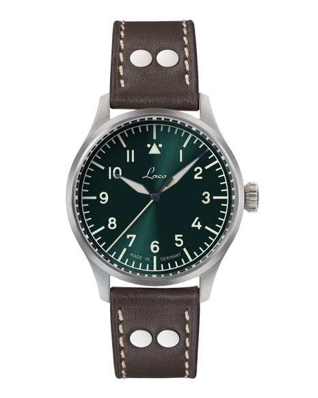Laco Stuttgart PRO 1209 40mm automatic pilot watch with green Type A dial and brown riveted leather strap
