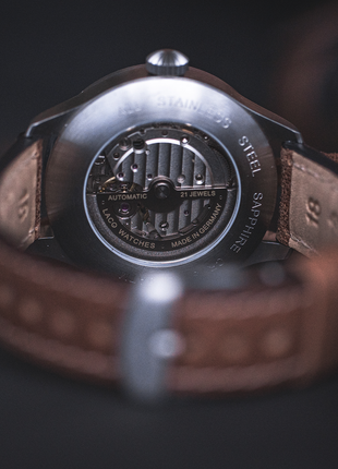 Laco Valencia 39 sapphire display caseback showing the automatic movement