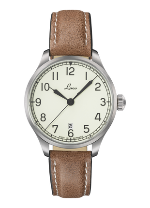 Laco Valencia 39mm automatic navy watch with light dial and brown leather strap