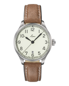 Laco Valencia 39mm automatic navy watch with light dial and brown leather strap