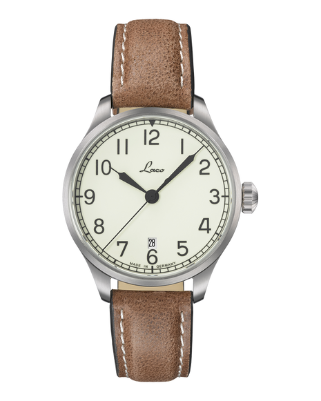 Laco Valencia 39mm automatic navy watch with light dial and brown leather strap