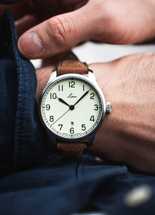 Laco Valencia 39mm automatic navy watch worn on the wrist