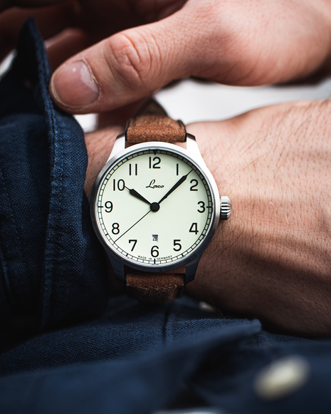 Laco Valencia 39mm automatic navy watch worn on the wrist