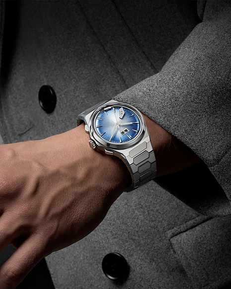 Lucky Harvey Chiming Watch 2.0 Blue titanium automatic watch worn on the wrist